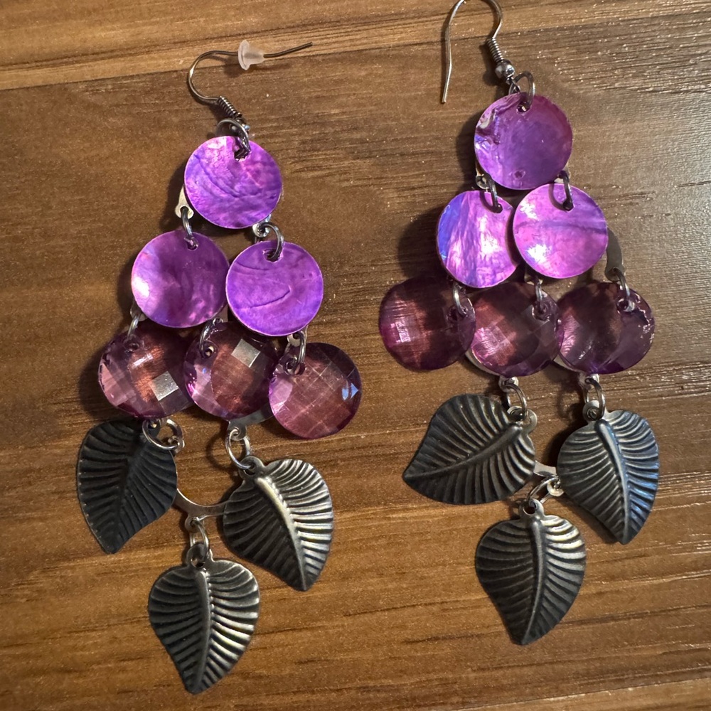 Vintage Chic Purple and Silver Leaf Earrings